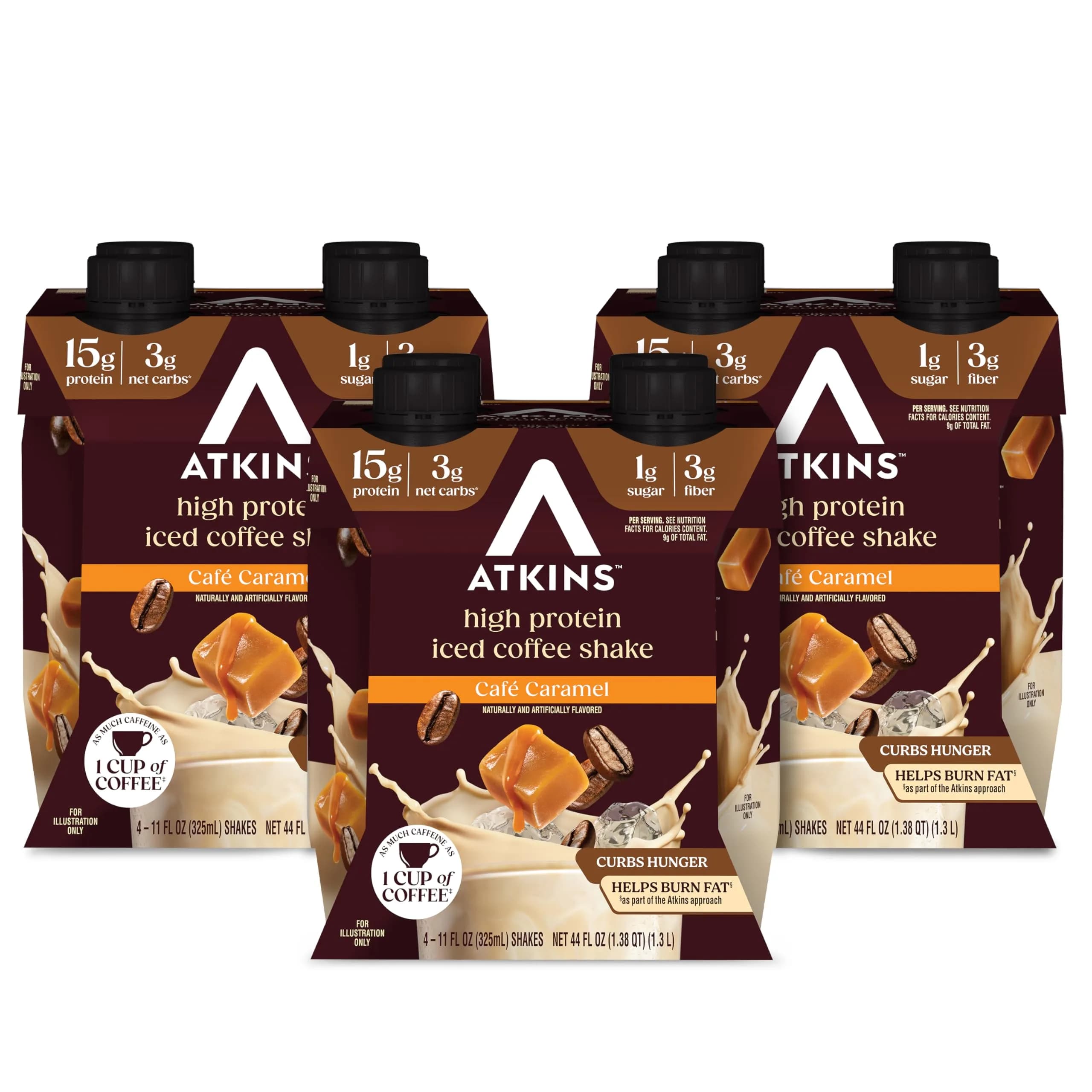 Atkins Café Caramel Iced Coffee High Protein Shake 325ml (11 Fl Oz) | 15g Protein, 3g Net Carbs, Caffeine