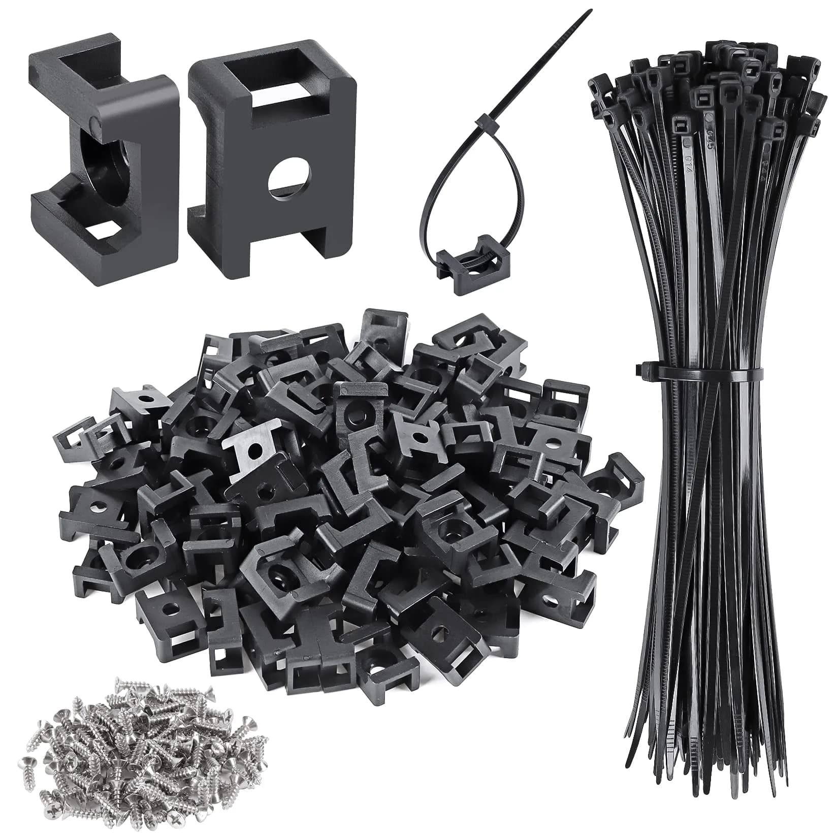 XHF White 100 pcs Cable Zip Tie Saddle Type Mounts Base with 8" Cable Ties | Durable Nylon Organizer — Black / 0.9 inch