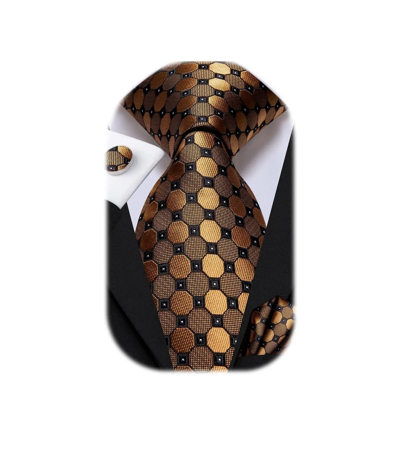 Dubulle Silk Necktie Set with Cufflinks & Pocket Square | Gold Brown 150cm | Formal & Wedding Accessory