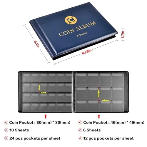 GWCASE 312-Pocket Coin Album for Collectors & Kids, 2-Sided Display, Blue | Classic PU Cover thumbnail 3