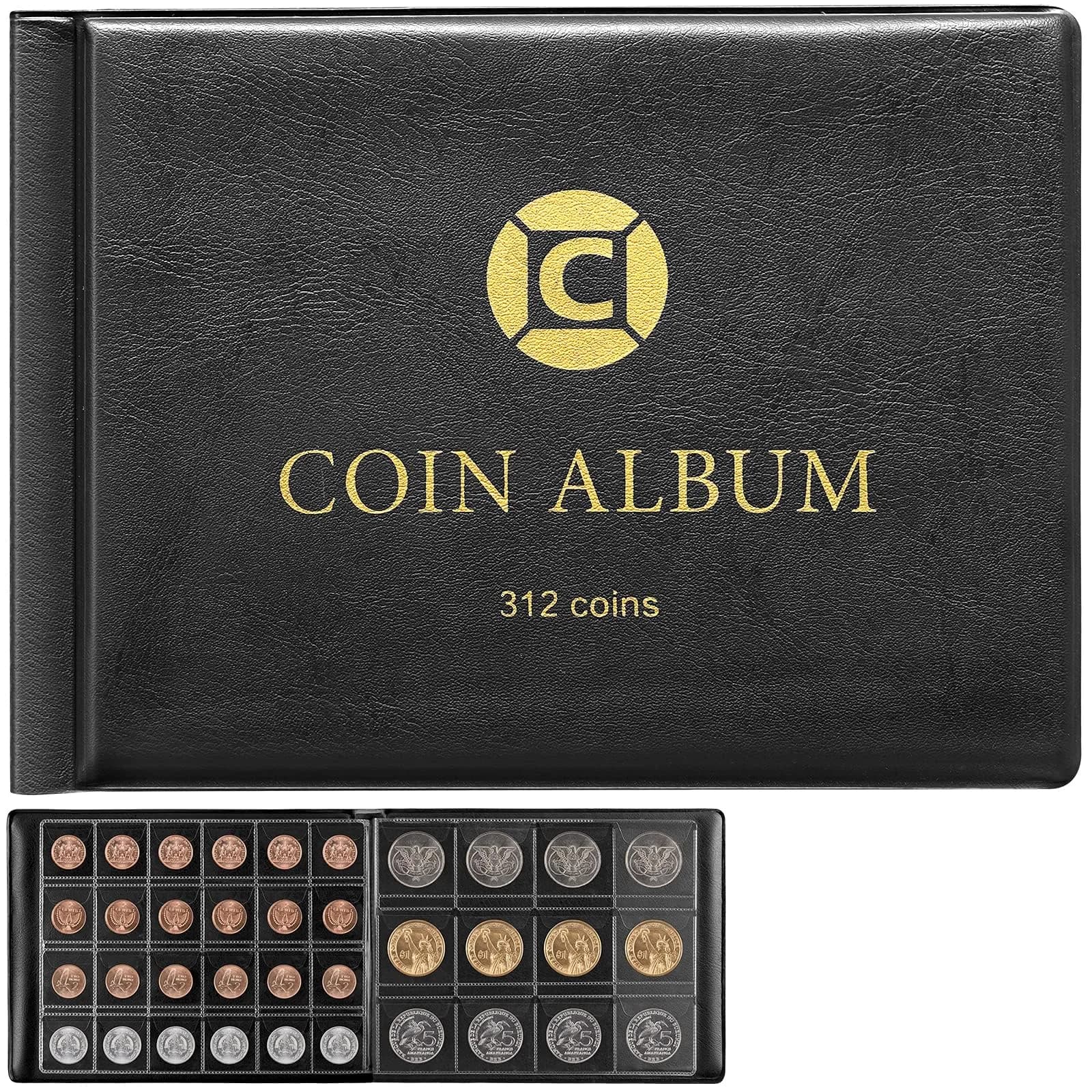 GWCASE 312-Pocket Coin Album for Collectors & Kids, 2-Sided Display, Blue | Classic PU Cover — black