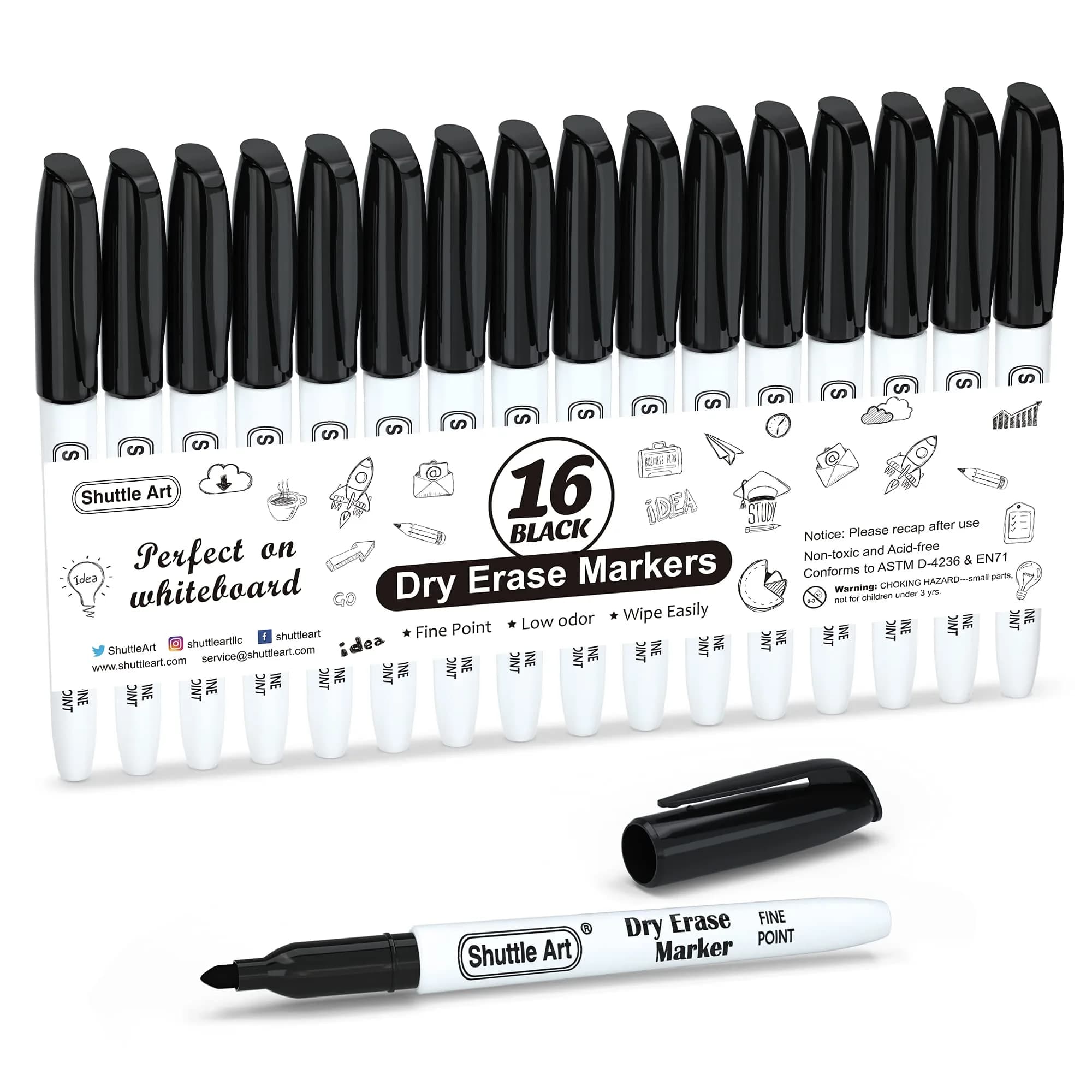 Shuttle Art Black Dry Erase Markers, 16 Pack Fine Tip | Writes Smoothly, Wipes Cleanly - main product image