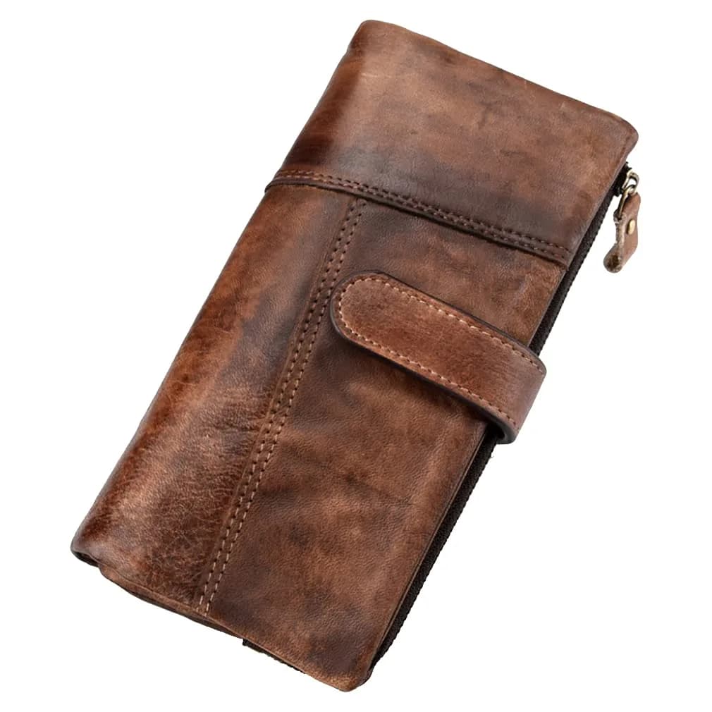 Hebetag Genuine Leather Long Wallet Clutch Purse with 18 Card Slots & Wrist Strap | Brown - main product image