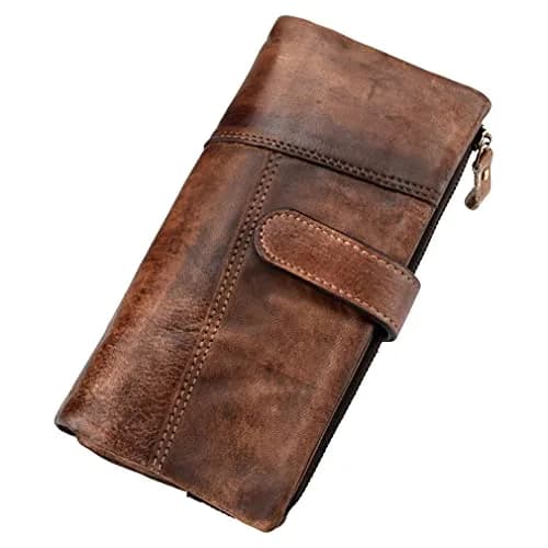 Hebetag Genuine Leather Long Wallet Clutch Purse with 18 Card Slots & Wrist Strap | Brown thumbnail 1