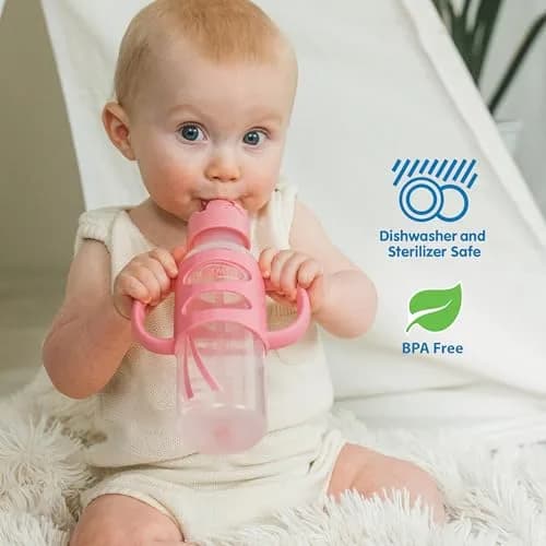 Dr. Brown's Narrow Sippy Straw Bottle with Handles, Gray & Pink, 2-Pack | Baby Bottle Transition Aid for 6m+ thumbnail 6