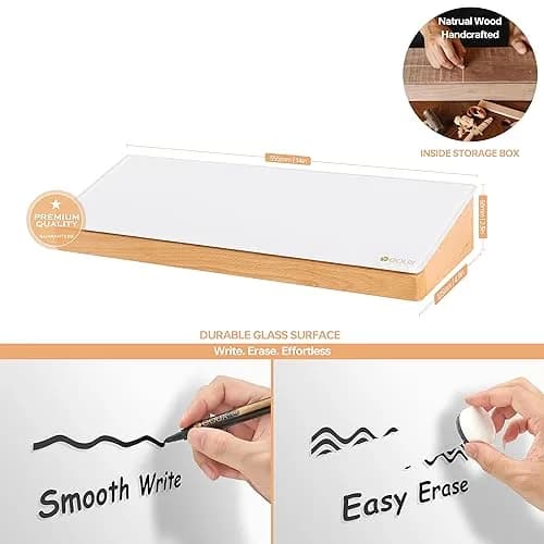 YEOUX Glass Desktop Whiteboard with Wood Organizer 35.6 x 12.3 cm (14 x 4.85 in) | Dry Erase Board for Desk Accessories thumbnail 5