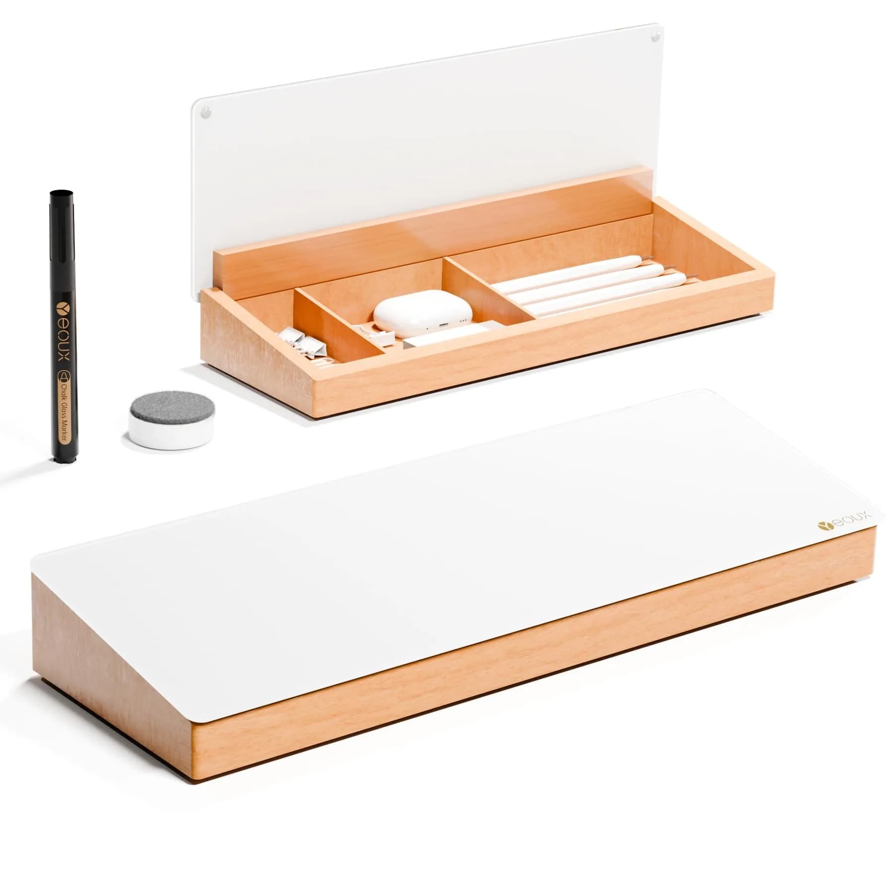 YEOUX Desktop Black Glass Dry Erase Board with Wood Organizers | Small Office Desk Whiteboard with Drawer — White