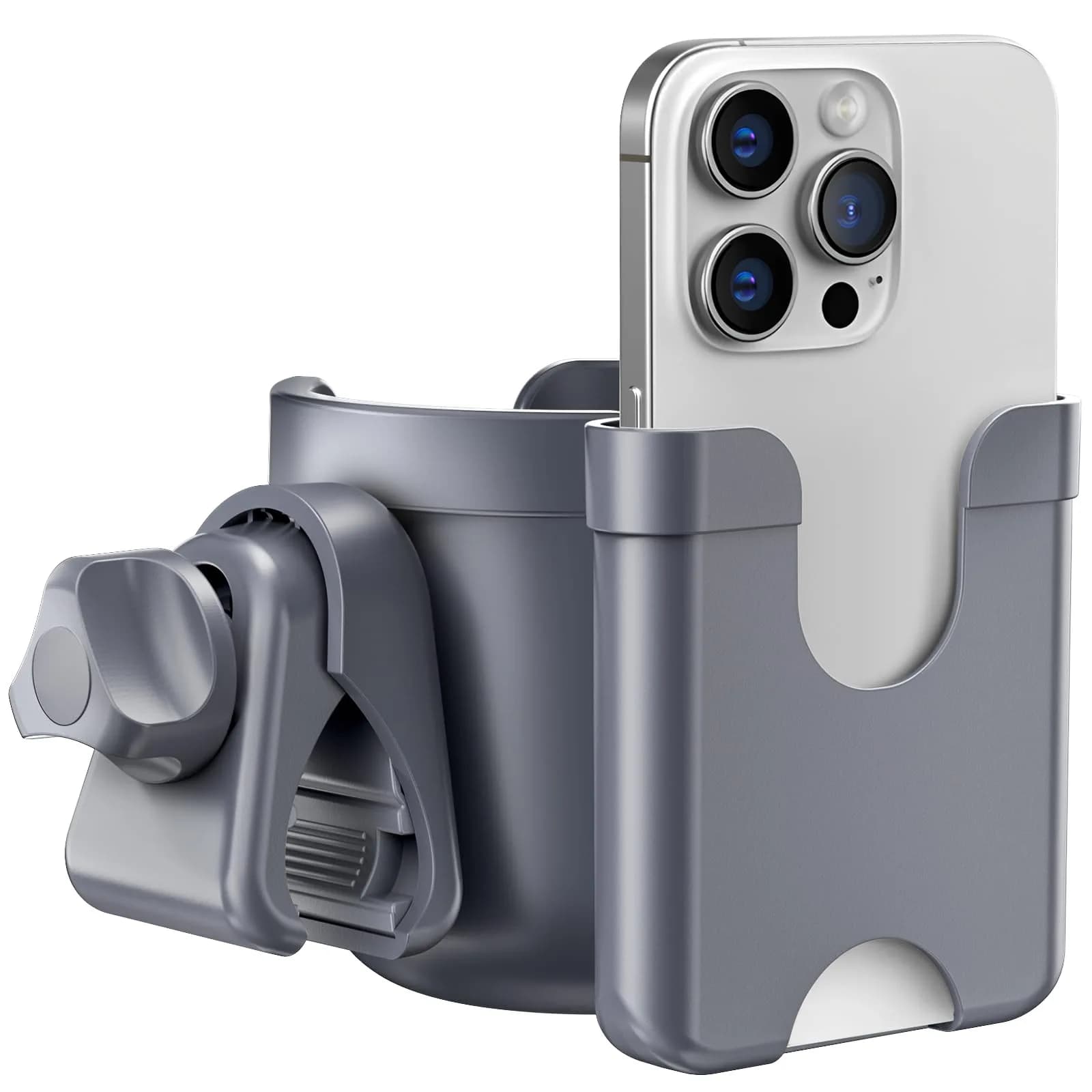 Guiseapue Universal Stroller Cup Holder with Phone Mount | 16.2 cm (6.4 in) Length — Gray