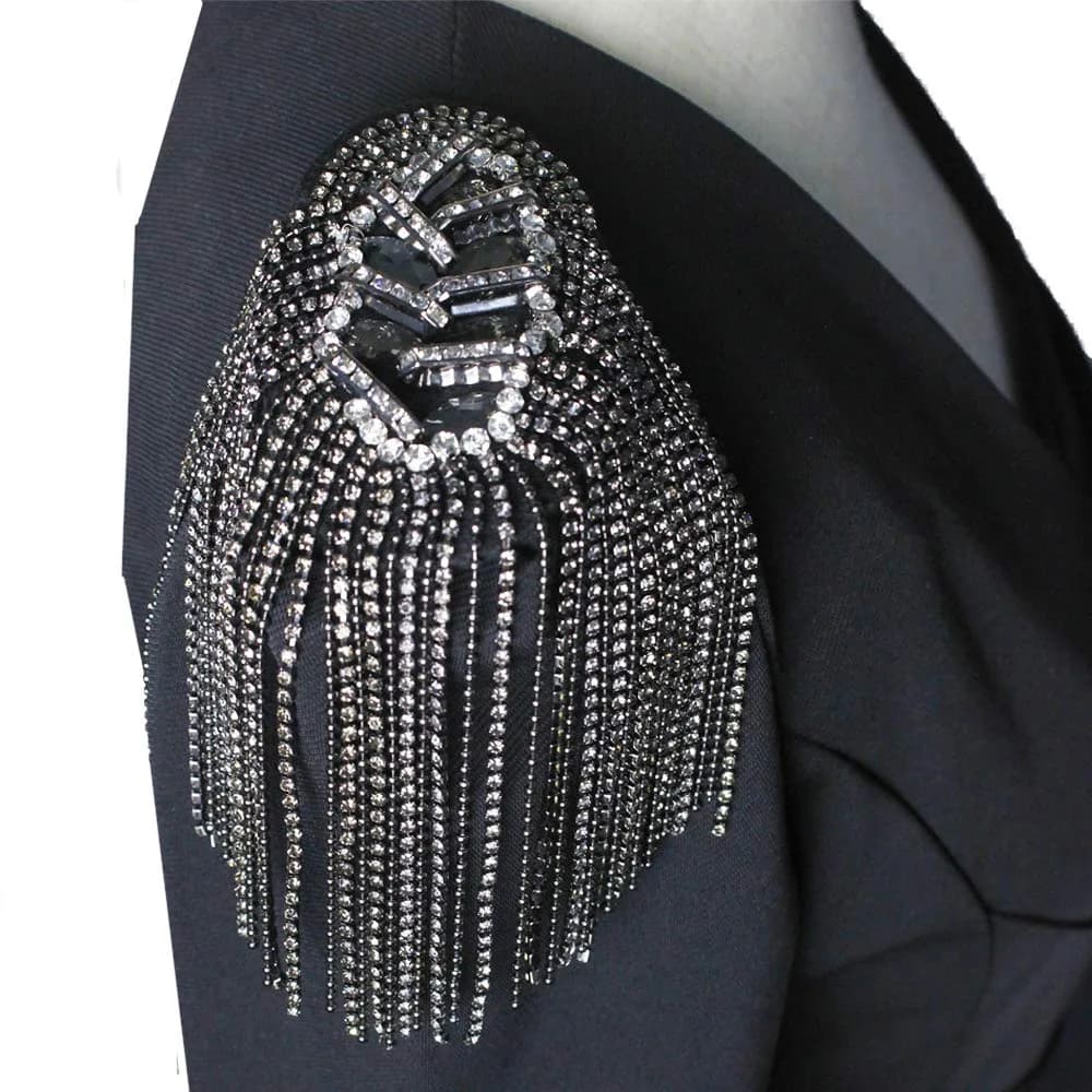 SXMFFHCG Beaded Crystal Shoulder Patches 2 Pieces | Fringe Tassel Epaulets for Clothing & Decor — Black