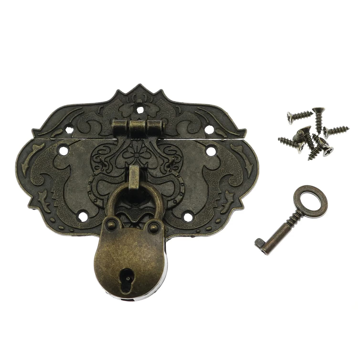 LDCREEE Antique Embossing Decorative Brass Hasp Clasp Latch Lock with Screws & Key for Jewelry Box, Wooden Case, Furniture Decoration (Bronze, 2-Pack) - main product image