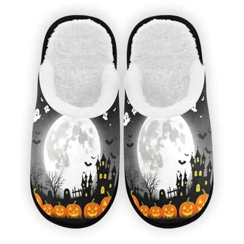 Dussdil Halloween Pupkins Bats Ghosts Slippers | Memory Foam, Non Slip, Haunted House Design (70-120 chars) thumbnail 1