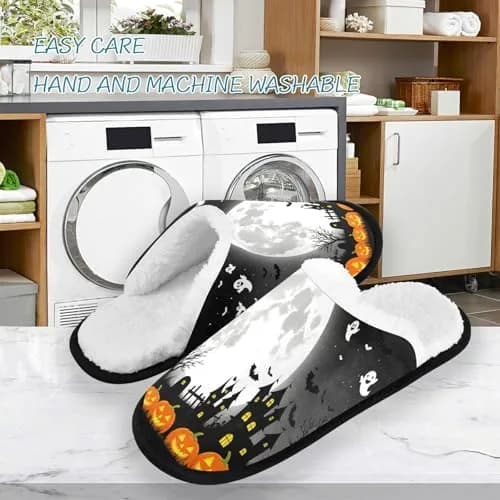 Dussdil Halloween Pupkins Bats Ghosts Slippers | Memory Foam, Non Slip, Haunted House Design (70-120 chars) thumbnail 3