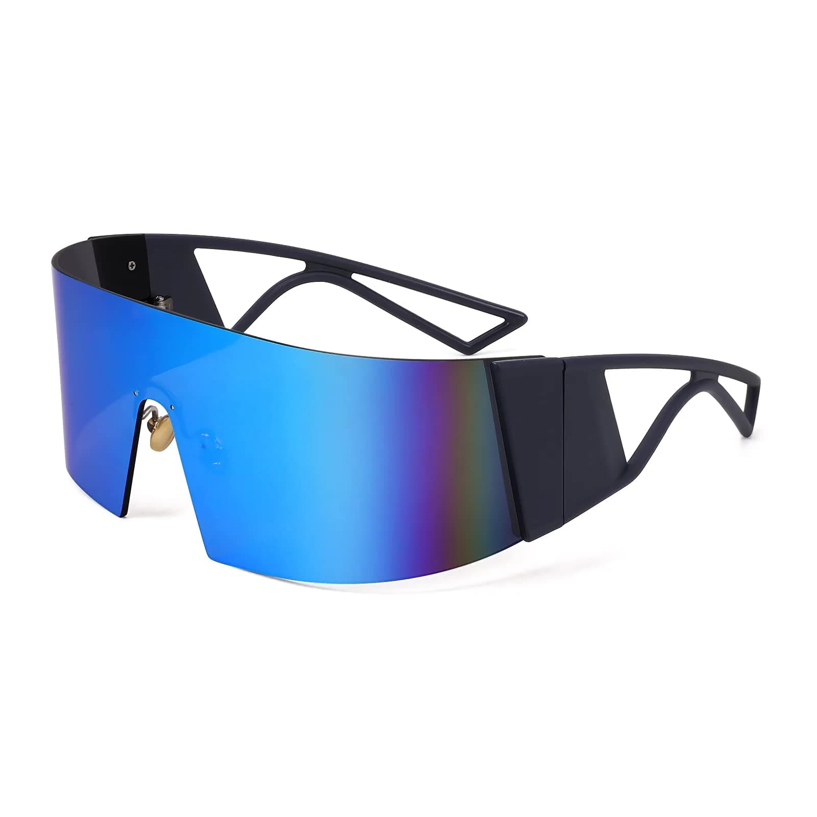 FEISEDY Futuristic Cyclops Visor Sunglasses for Men & Women | Oversized Shield Frame, Polarized Champagne Lens, 70mm — Blue Frame/Blue Mirror Lens