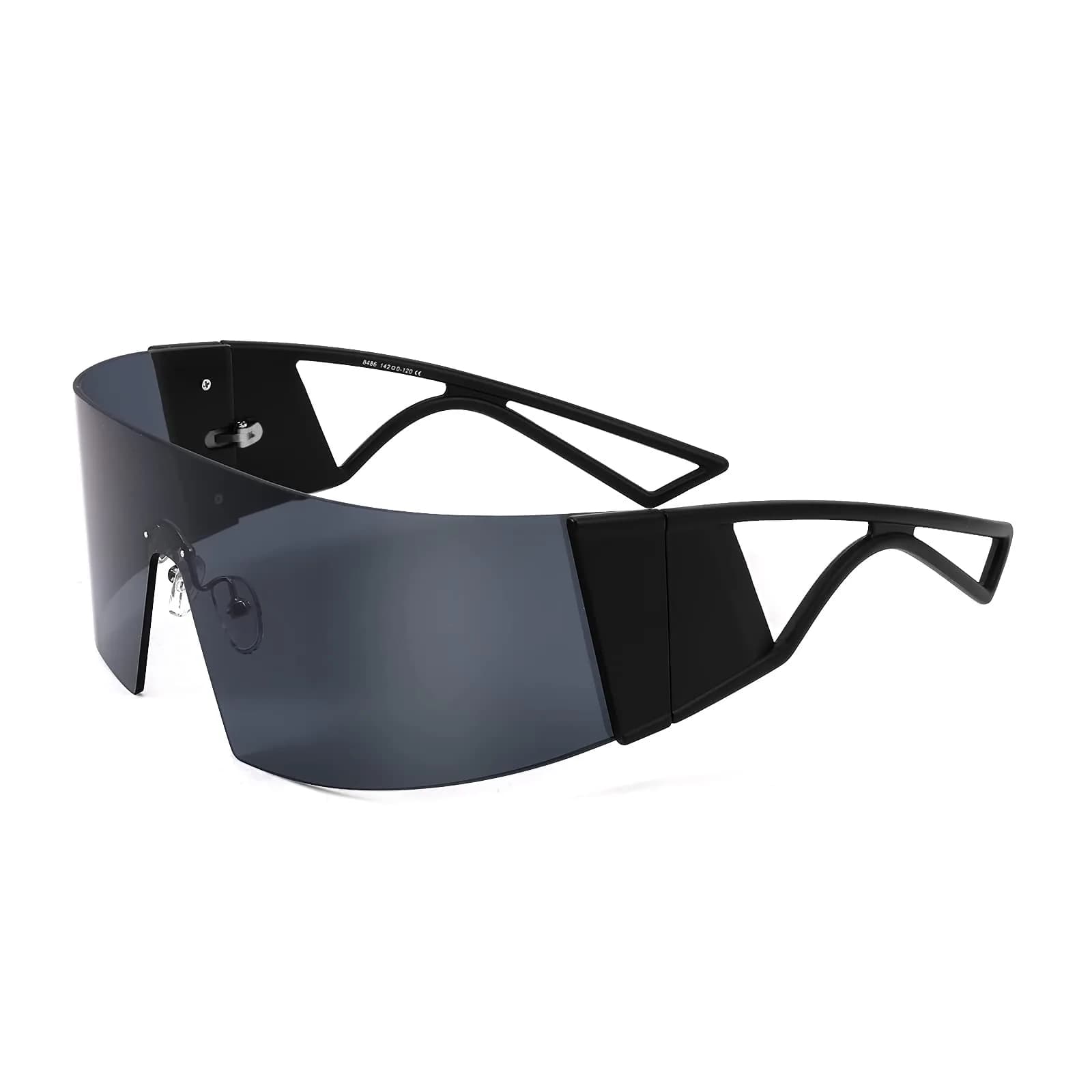 FEISEDY Futuristic Cyclops Visor Sunglasses for Men & Women | Oversized Shield Frame, Polarized Champagne Lens, 70mm — Black Frame/Grey Lens