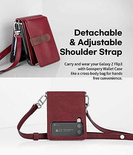 GOOSPERY Detachable Wallet Case for Samsung Galaxy Z Flip 3, Burgundy | 2 Card Pocket, Cross-Body Strap, Earbud Holder thumbnail 5