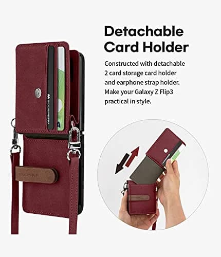 GOOSPERY Detachable Wallet Case for Samsung Galaxy Z Flip 3, Burgundy | 2 Card Pocket, Cross-Body Strap, Earbud Holder thumbnail 3
