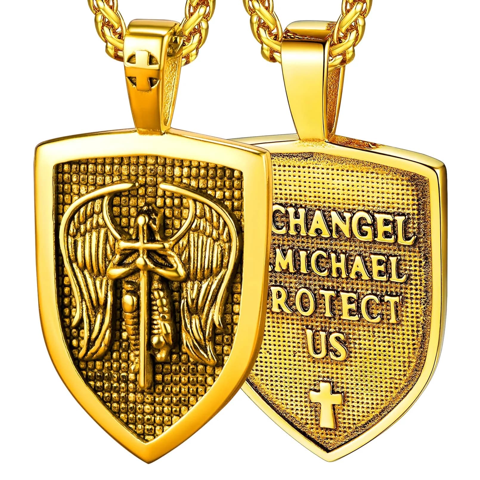 FaithHeart Saint Michael Pendant Necklace for Men, Gold Stainless Steel, 22"+2" Wheat Chain | Archangel Protection Amulet — 08. Archangel-Gold