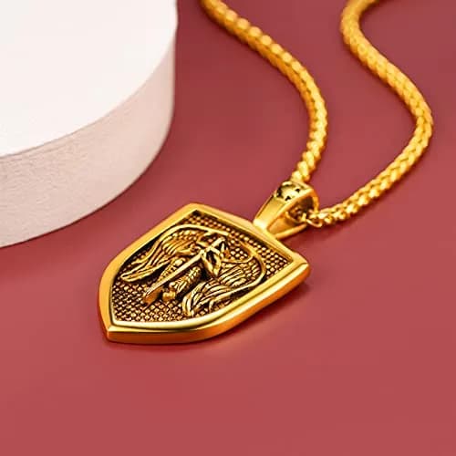 FaithHeart Saint Michael Pendant Necklace for Men, Gold Stainless Steel, 22"+2" Wheat Chain | Archangel Protection Amulet thumbnail 8