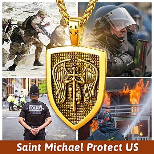 FaithHeart Saint Michael Pendant Necklace for Men, Gold Stainless Steel, 22"+2" Wheat Chain | Archangel Protection Amulet thumbnail 2