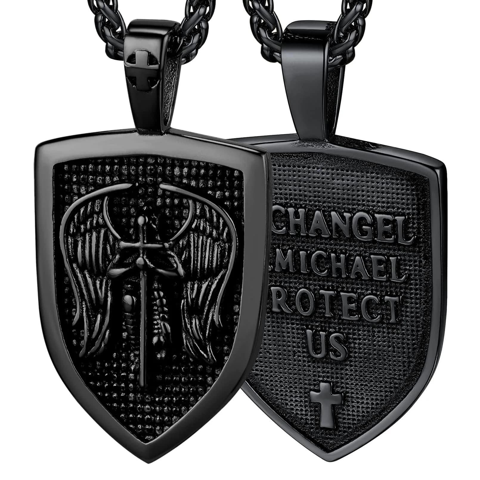 FaithHeart Saint Michael Pendant Necklace for Men, Gold Stainless Steel, 22"+2" Wheat Chain | Archangel Protection Amulet — 2 in