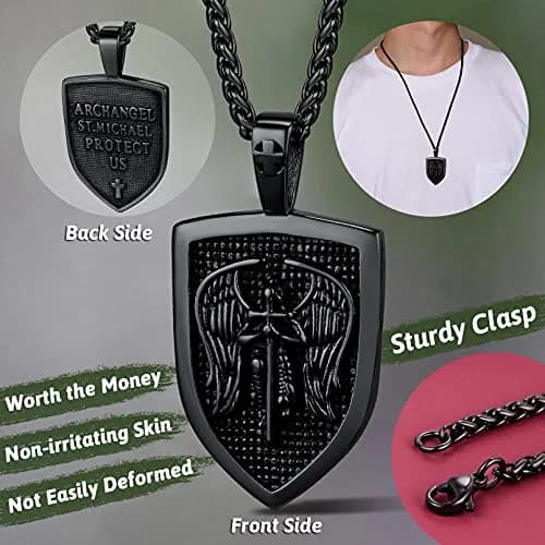 FaithHeart Saint Michael Pendant Necklace for Men, 55+5 CM (22+2 Inches) Wheat Chain | Archangel Protection Amulet thumbnail 2