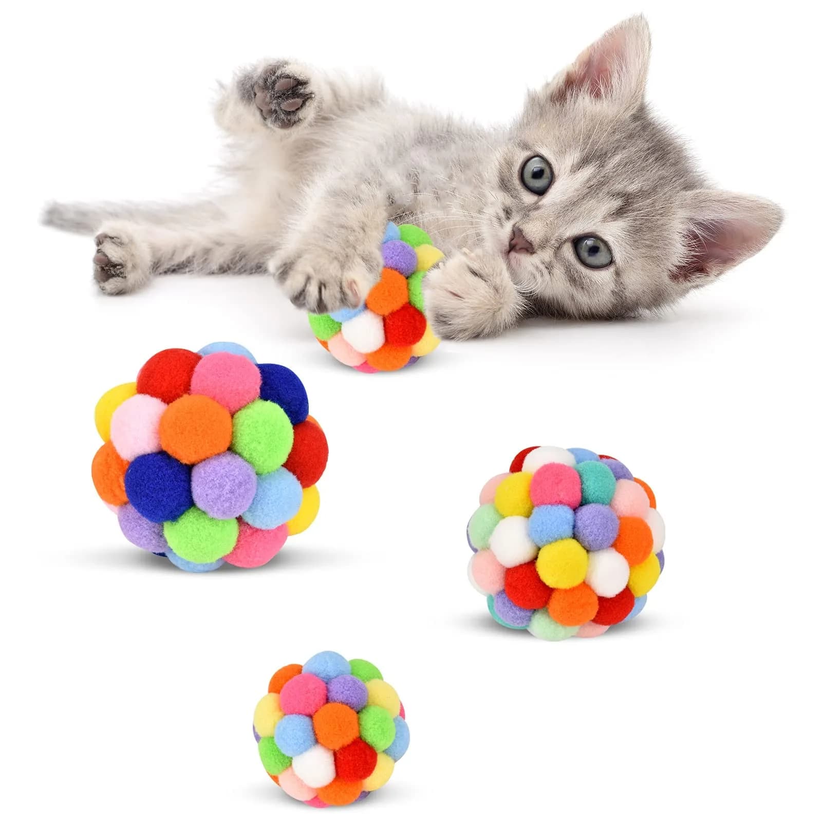 TUSATIY Cat Toy Balls with Bell 3PCS | Colorful Soft Fuzzy Balls for Indoor Cats & Kittens