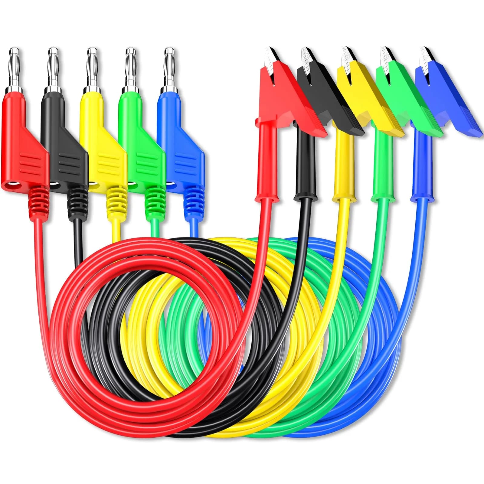 Goupchn 10PCS Test Leads 1m (3.3ft) | 1000V 15A Stackable Banana Plug to Alligator Clip Set — Five Colors / 6.56ft/2m