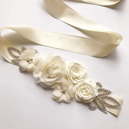 Huralona Wedding Sash Belt Satin Ribbon with Flowers Pearls Rhinestone | Elegant Bridal Accessory for Women thumbnail 5
