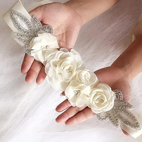 Huralona Wedding Sash Belt Satin Ribbon with Flowers Pearls Rhinestone | Elegant Bridal Accessory for Women thumbnail 2
