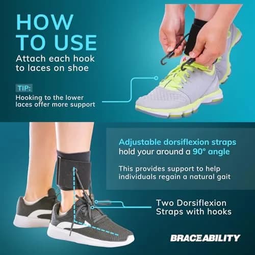 BraceAbility AFO Foot Drop Brace - Adjustable Soft Ankle Foot Orthosis for Men & Women, Walking with Shoes, Toe Lifter Support, Dorsiflexion Assist, Fits Left/Right (S/M) thumbnail 4