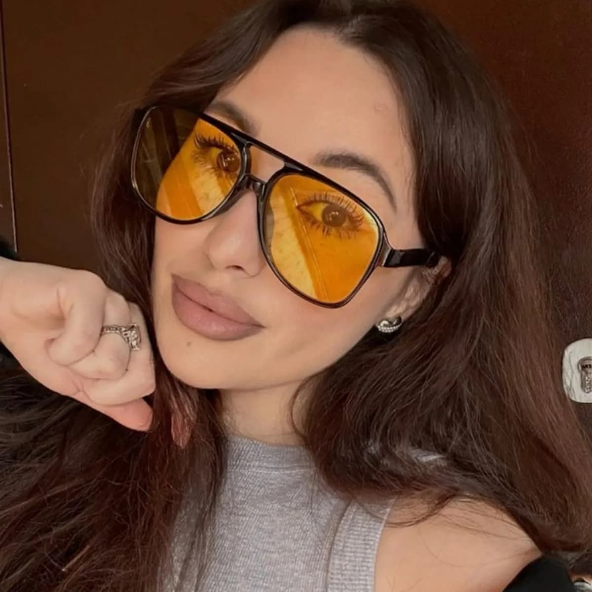 IKUVNA Vintage Aviator Sunglasses for Women Men 70s Glasses Oversized Yellow Lens Shades (Black) | Retro Style UV400 thumbnail 6