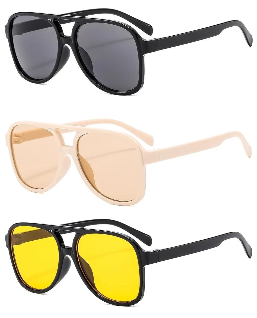 IKUVNA Vintage Aviator Sunglasses for Women Men 70s Glasses Retro Oversized Yellow Lens Shades | UV400 Protection — Black