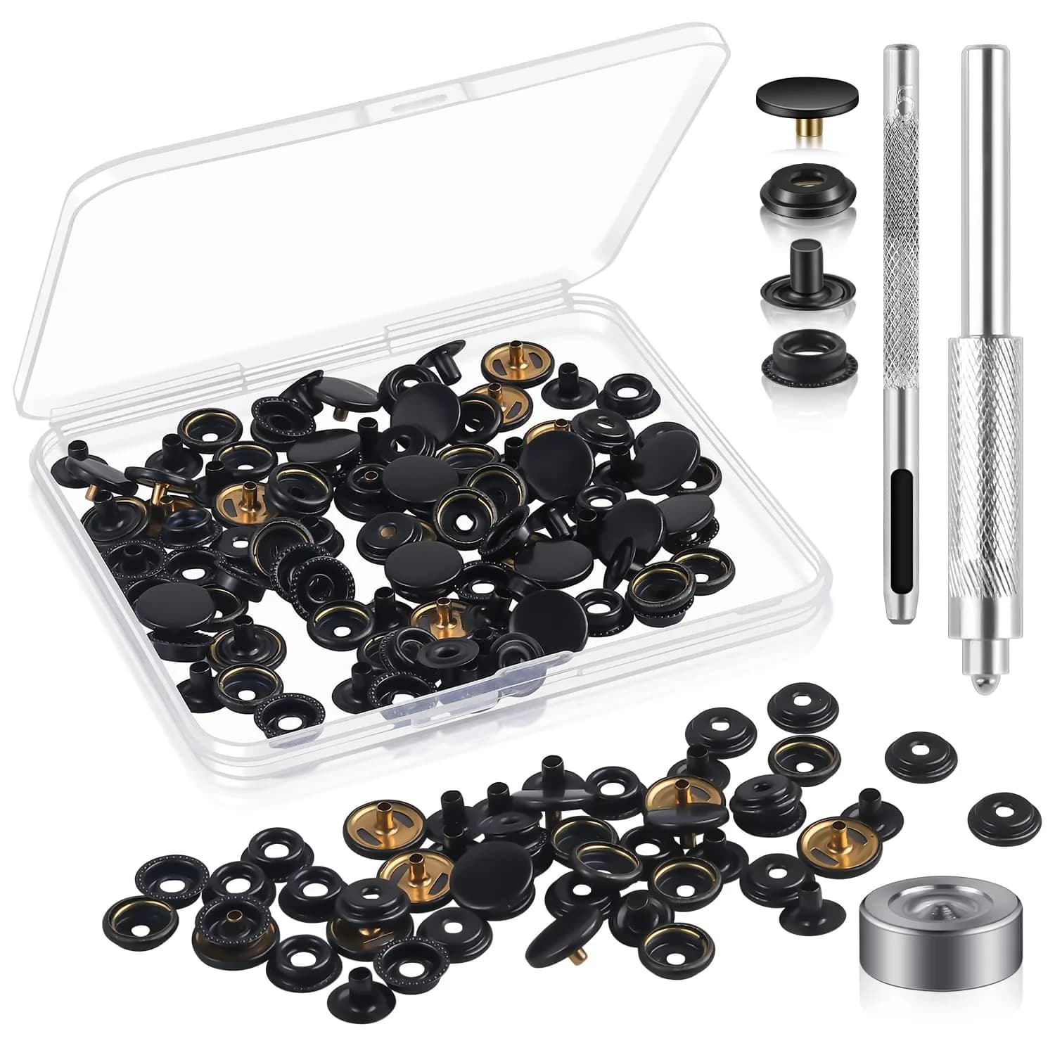 Moocci Gold Snap Fastener Kit with Tools, 15mm (0.59 Inch) Stainless Steel Snaps - 50 Sets | Heavy Duty for Leather & Fabric — black