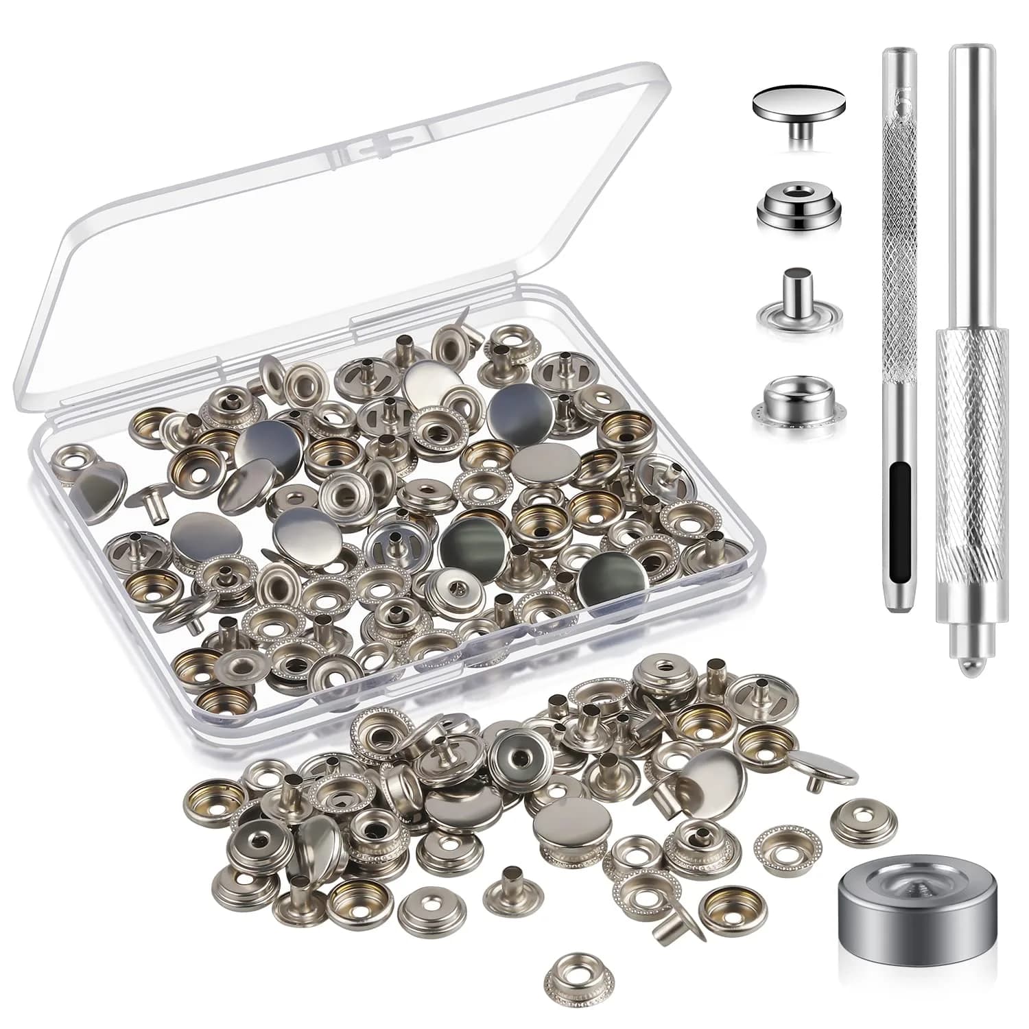 Moocci Gold Snap Fastener Kit with Tools, 15mm (0.59 Inch) Stainless Steel Snaps - 50 Sets | Heavy Duty for Leather & Fabric — Silver