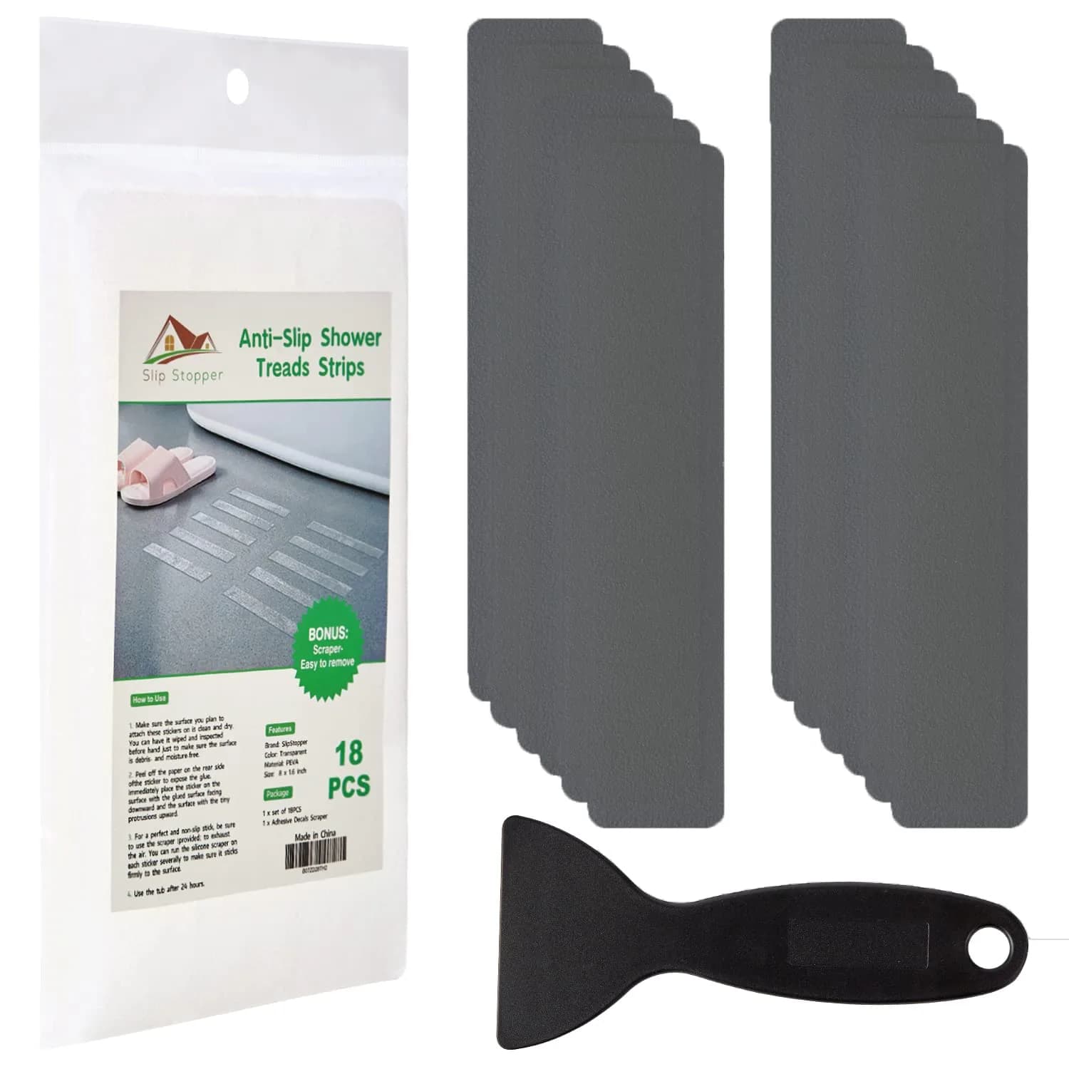 SlipStopper Non Slip Bathtub Strips 18 PCS Larger Adhesive Anti Slip Shower Stickers 20.3 cm x 4.1 cm (8 x 1.6 Inch) | Premium Scraper Included — Grey