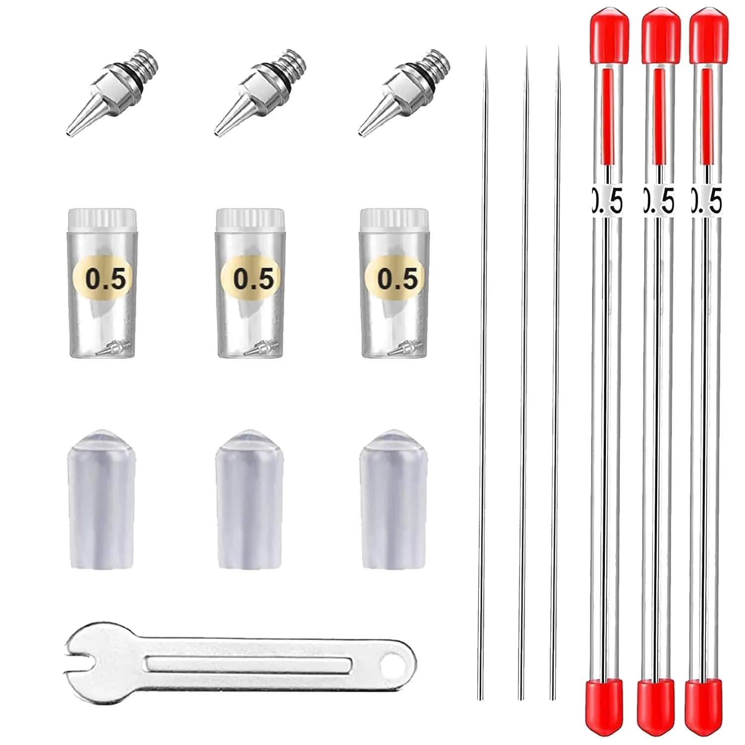 HUBEST 0.5mm Airbrush Needle Nozzle Kit, 3 Sets | Stainless Steel Needles, Copper Nozzles, Protective Caps