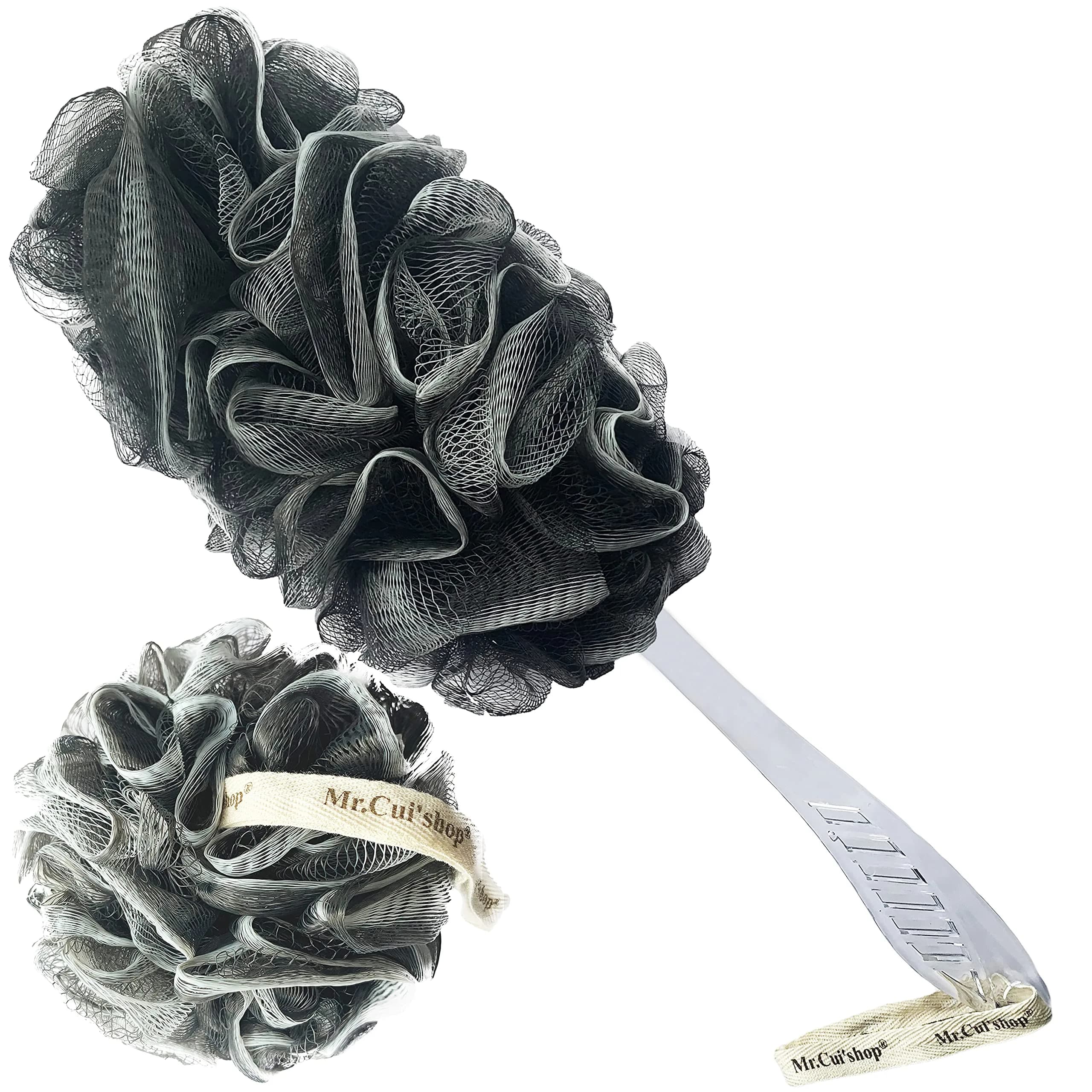 Mr.Cui'shop Charcoal Exfoliating Loofah Bath Back Brush Set with Long Handle & Mesh Pouf, 2 Count - main product image