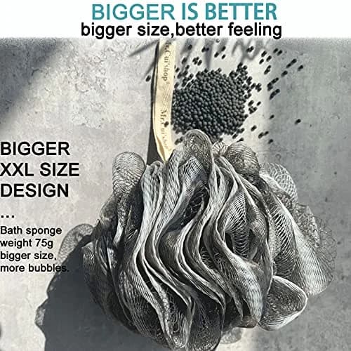 Mr.Cui'shop Charcoal Exfoliating Loofah Bath Back Brush Set with Long Handle & Mesh Pouf, 2 Count thumbnail 3