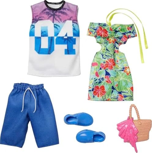 Barbie & Ken Fashions 2-Pack Clothing & Accessories Set, 1 Tropical Dress & Tote for Barbie Doll & 1 Tropical Shirt & Shorts Outfit with Shoes for Ken Doll | Double Styling Fun thumbnail 1