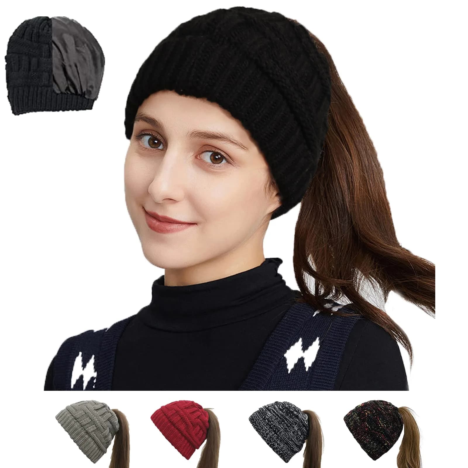 Salalacap Womens Satin Lined Winter Beanie Cable Knit Thick Chunky Hat (Large-Slouchy-Black) | Warm, Moisture-Resistant — Ponytail-black