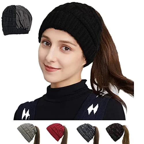 Salalacap Satin Lined Winter Beanie Cable Knit for Women | Thick Chunky Skull Cap with Elastic Fit (Black) thumbnail 1
