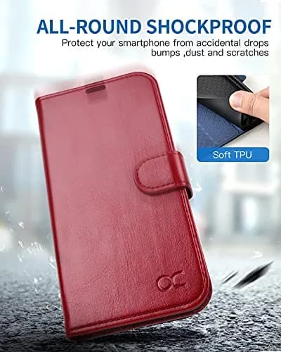 OCASE Wallet Case for iPhone 13, Card Holder, Red | Shockproof Leather Cover with RFID Shield thumbnail 6