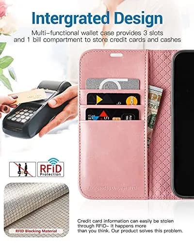 OCASE for iPhone 13 Wallet Case, Card Holder, Pink | RFID Shielding & Kickstand thumbnail 3