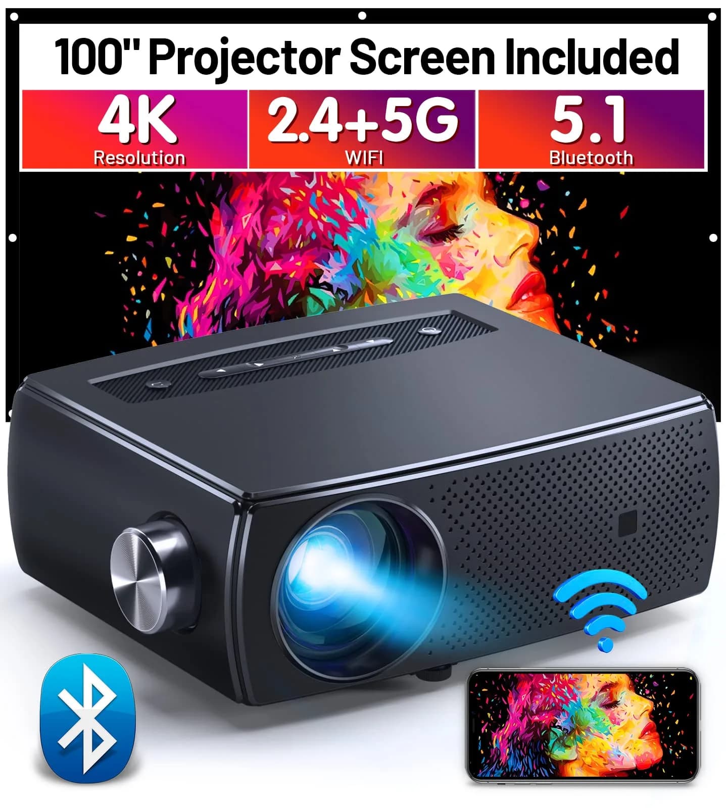 ClokoWe Video Projector 1080P HD 5G WiFi Bluetooth Portable | Home Theater with Screen - main product image