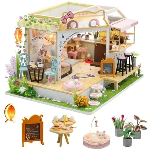 CUTEBEE Cat Coffee Garden DIY Dollhouse Miniature Kit with Furniture, 1.38 kg (3.06 lb) | Collectible Home Decor thumbnail 1