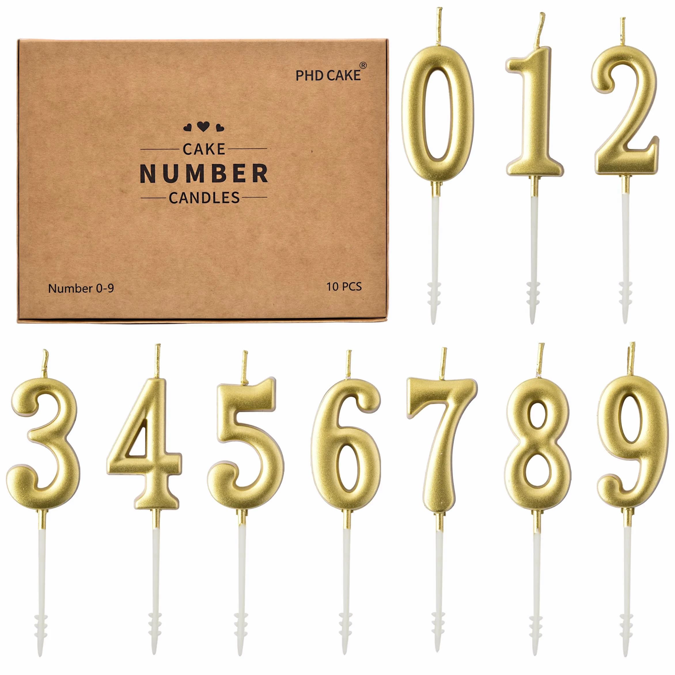 PHD CAKE Gold Numeral Birthday Candles 0-9, 11 cm (4.33 in) | Smokeless, Odorless, Glitter Cake Topper - main product image