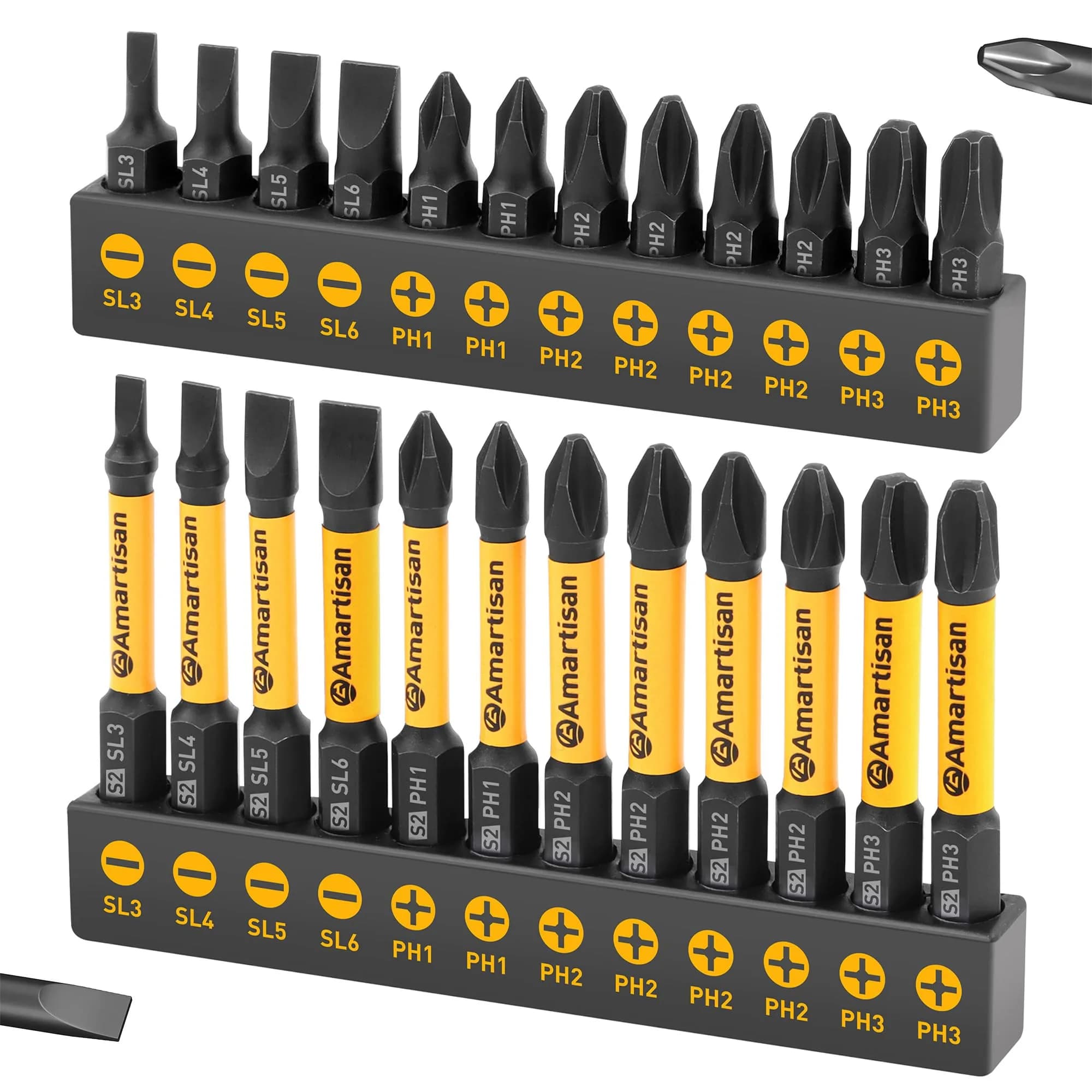 Amartisan 20-Piece Hex Bit Set | High-Quality S2 Alloy Steel, Metric & SAE, 2.3" Length, Black — 24-Piece Bit Set (Slotted+Phillips)