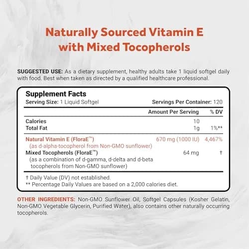 Naturalis Sunflower Vitamin E 670mg (1000 IU) | Natural Skin & Immune Support | 120 Softgels thumbnail 2