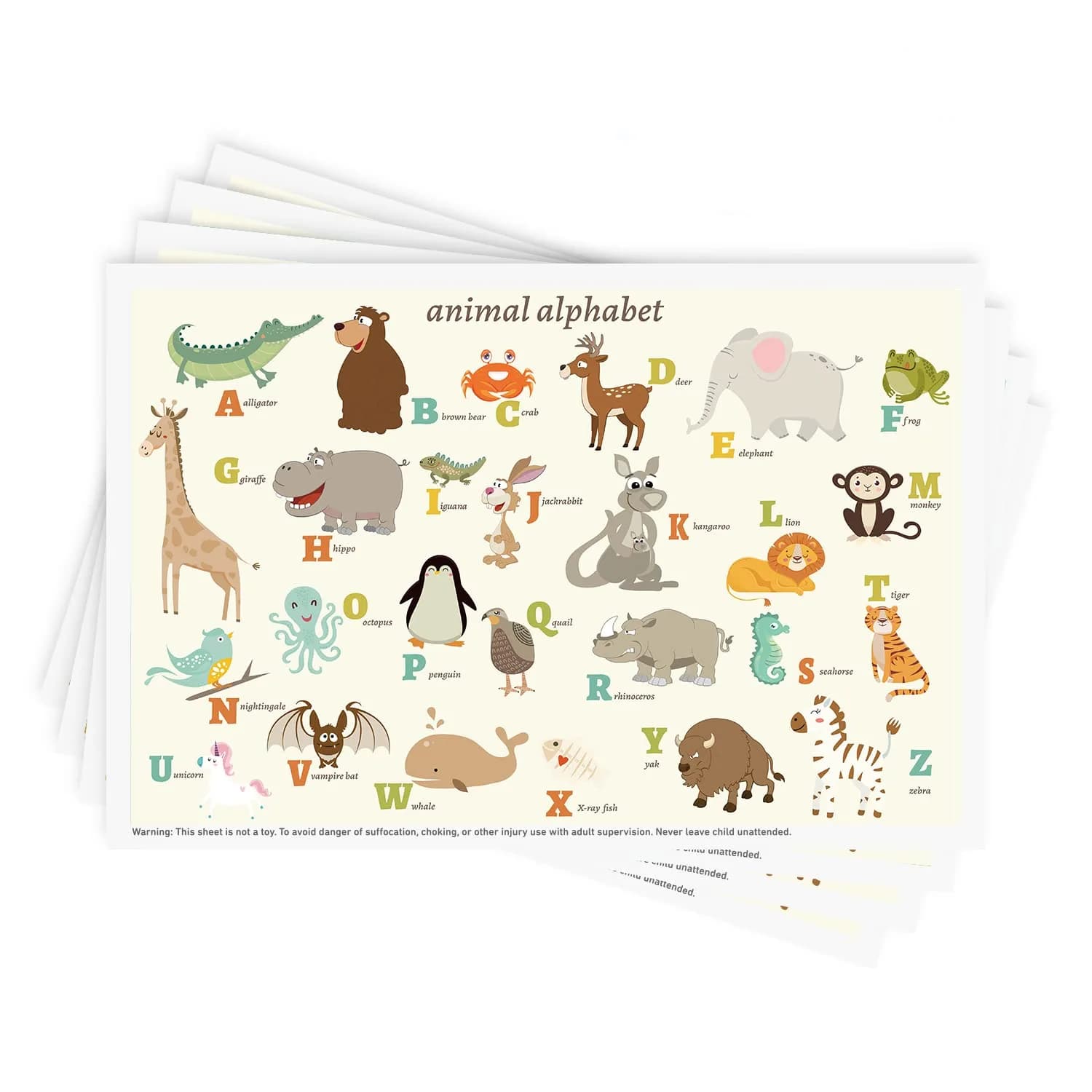 Babebay Disposable Stick-On Placemats for Baby, 40 Pack, Animal Alphabet | Waterproof, Food-Grade Plastic, Vibrant Animal Design