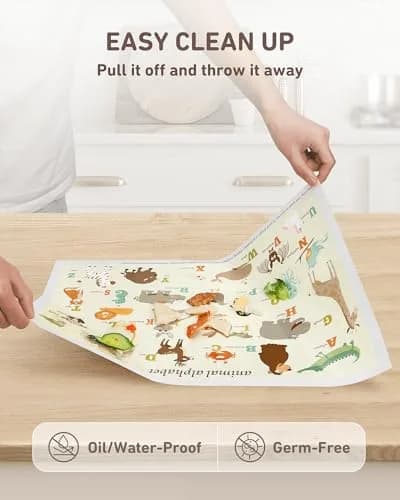 Babebay Disposable Stick-On Placemats for Baby, 40 Pack, Animal Alphabet | Waterproof, Food-Grade Plastic, Vibrant Animal Design thumbnail 6